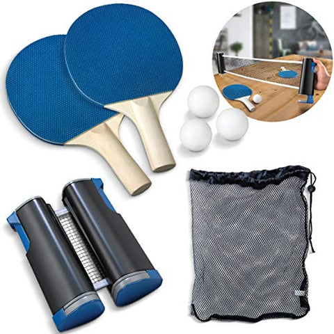Sharper Image 7-Piece Retractable Tabletop Tennis Game Set, Play Almost Anywhere with Expandable Net, 2 Paddles and 3 Balls, Includes Convenient Portable Drawstring Bag