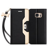 FYY Leather Case with Mirror for Samsung Galaxy S7, Leather Wallet Flip Folio Case with Mirror and Wrist Strap for Samsung Galaxy S7 Black