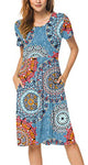 DB MOON Women Summer Casual Short Sleeve Dresses Empire Waist Dress with Pockets (Flower Mix Blue, XS)