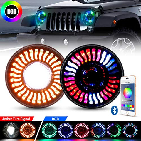 Jeep LED RGB Headlight with Amber Turn Signal, SUPAREE 7 Inch Round Halo LED Headlight Fits 1997~2018 Jeep Wrangler JK TJ LJ with Bluetooth Remote Control 120W 12000LM High Low beam-2PCS