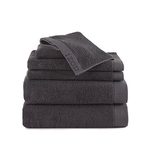 CLASSIC EGYPTIAN COTTON 6 PIECE TOWEL SET BY IZOD - 2 Bath Towels, 2 Hand Towels, 2 Wash Cloths - Premium, Soft, Absorbent - Sport, Home - Machine Washable - Night Gray