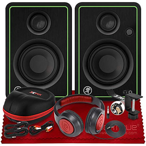 Mackie CR4-X Creative Reference Series 4" Multimedia Monitors (Pair) + SR360 Over-Ear Dynamic Stereo Headphones, Xpix Headphone Case, Xpix Headphone Holder, Xpix 1/4" TRS Cable (x2) & Xpix RCA Cable