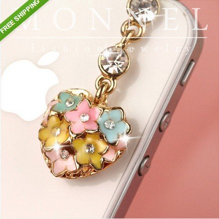 IP399-B Adorable Crystal Cute Flower Heart LOVE Cell Phone Anti Dust Plug Charm for Iphone Android 3.5mm