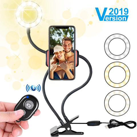 Selfie Light Ring, [2019 Version] Ring Light with Cell Phone Holder Stand for Live Stream/Makeup, Flowmist LED Ring Light [3-Light Mode] [10-Level Brightness] with Flexible Arms, for iPhone/Android