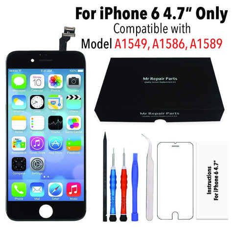 for iPhone 6 Black (4.7 Inch) LCD Screen Replacement Display Touch Digitizer Assembly + Repair Tools, Compatible with Model A1549, A1586, A1589