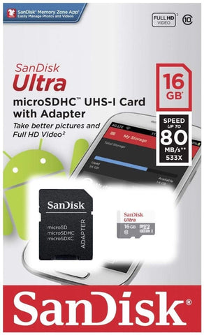 SanDisk Ultra 16GB Ultra Micro SDHC UHS-I/Class 10 Card with Adapter (SDSQUNC-016G-GN6MA)