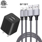 Phone Charger JAHMAI Nylon Braided Fast Charging Cord 2Pack 6ft Data Sync Transfer Cable USB Wall Charger Dual Port Plug Adapter(ETL Listed) Compatible with Phone XS MAX/XR/X/8/7/Plus/6S/6/SE/Tablet