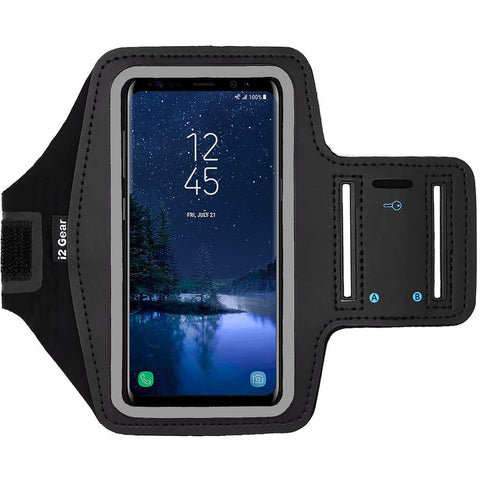 i2 Gear Cell Phone Armband for Running - Workout Phone Holder with Adjustable Arm Band and Reflective Border - Armband Case for Samsung Galaxy S9, S8, S7, S6, Edge, Active and iPhone X, XS (Black)