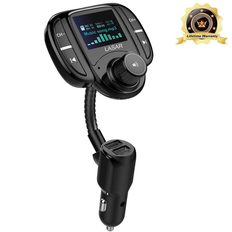 LASAR Bluetooth FM Transmitter,Wireless Radio Adapter Hands-Free Calling Car Kit QC3.0 and Smart Dual USB Port W 1.7” Display, Support USB Drive,AUX Input/Output, TF Card MP3 Player