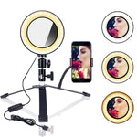 B-Land 6.2" Ring Light with Desktop Stand & Mirror for YouTube Videos & Makeup, LED Camera Selfie Light with Cell Phone Holder, Mini Makeup Mirror with Lights, 3 Modes & 10 Brightness
