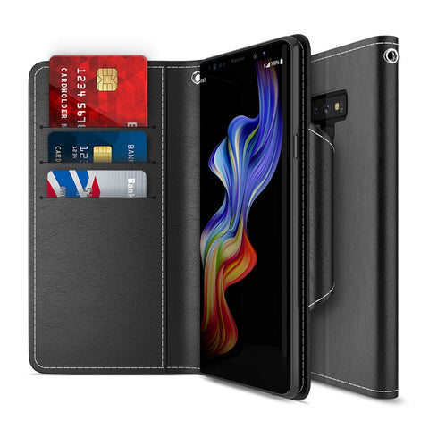 Galaxy Note 9 Case, Maxboost [Folio Style] Wallet Case for Samsung Galaxy Note 9 [Stand Feature] (Black) Protective PU Leather Flip Cover with Credit Card Slot+Side Cash Pocket+Magnetic Clasp Closure
