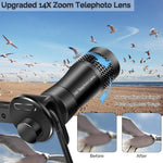 Phone Camera Lens, OYRGCIK 4 in 1 Phone Lens Kit 14X Zoom Telephoto Lens with Telescope, 20X Macro Lens, 120° Wide Angle Lens, 198° Fisheye Lens Compatible with iPhone X XS Max 8 7 Plus Samsung S10