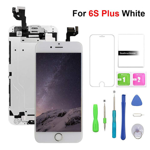 Screen Replacement for iPhone 6s Plus White LCD Display & Touch Screen Digitizer Replacement with Frame Spare Parts (Home Button，Front Camera, Sensor Flex, Earpiece Speaker) + Repair Tools (5.5'')