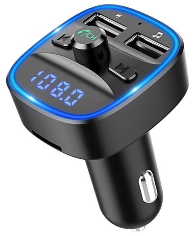Vproof Bluetooth FM Transmitter, in-Car Wireless Radio Transmitter Adapter Music Player Car Kit W Blue Circle Ambient Light, 2 USB Ports, Hands Free Calling, TF Card & USB Flash Drive Support