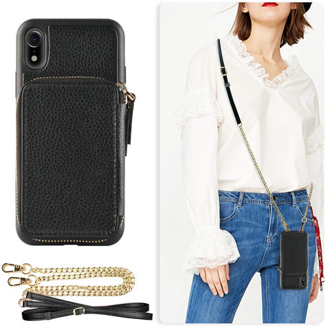 ZVE Case for Apple iPhone XR, 6.1 inch, Wallet Case with Crossbody Chain Credit Card Holder Slot Handbag Purse Wrist Zipper Strap Case Cover for Apple iPhone XR 6.1 inch - Black
