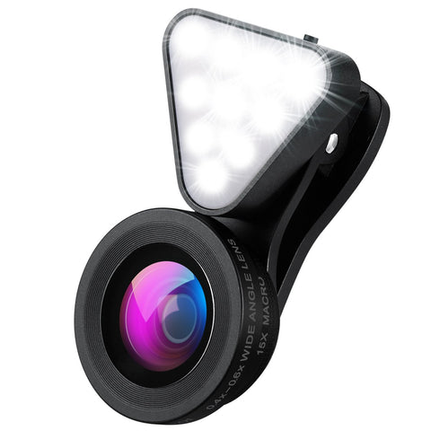 AMIR Phone Camera Lens, Rechargeable Selfie Ring Light, 15X Macro Lens & Wide Angle Lens, 3 Adjustable Brightness Fill Light for iPhone X, On-Camera Video Light for iPhone 7 Plus, Samsung, etc