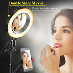 B-Land 6.2" Ring Light with Tripod Stand & Mirror for YouTube Videos & Makeup, LED Camera Selfie Light with Cell Phone Holder, Mini Makeup Mirror with Lights, 3 Modes & 10 Brightness