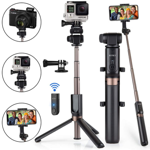 Selfie Stick,KUSKY Upgraded Extendable Selfie Stick Tripod with Bluetooth Remote for Gopro Camera, iPhone Xs MAX/XS/X/8/8 Plus/7 7 Plus/6/6s Plus, Samsung S9/S9 Plus/S8, 3.5-6 inch Smartphones