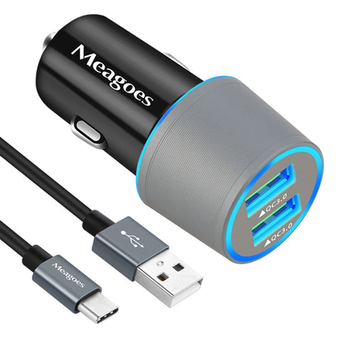 Meagoes Fast Car Charger, Compatible Samsung Note 9/Note 8, Galaxy S10 Plus/S10/S10e/S9 Plus/S9/S8+/S8, LG V40 ThinQ/G7, Dual Quick Charge 3.0 Port, Rapid Charging Car Adapter with 3.3ft USB C Cable