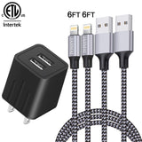 Phone Charger JAHMAI Nylon Braided Fast Charging Cord 2Pack 6ft Data Sync Transfer Cable USB Wall Charger Dual Port Plug Adapter(ETL Listed) Compatible with Phone XS MAX/XR/X/8/7/Plus/6S/6/SE/Tablet