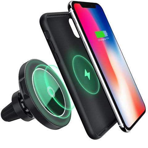 Maxjoy Wireless Car Charger iPhone X Magnetic Case Set,3- in-1 Air Vent Mount Magnetic Car Charger, 360 Degree Rotation Strong Magnetic Mount Holder with Phone Receiver Case for iPhone X, Gray Case