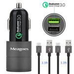 Meagoes Fast USB C Car Charger, Compatible Samsung Galaxy S10 Plus/S10/S10e/S9 Plus/S9/S8, Note 9/Note 8, LG V40 ThinQ/G7/V30 Phones, Quick Charge 3.0 Port Car Adapter with 2-Pack Rapid Type C Cords