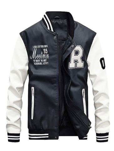 Mordenmiss Men's Basic Leather Letter Man Baseball Varsity Jacket Bomber Outwear White S