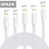 TNSO MFi Certified iPhone Charger Lightning Cable 5 Pack [3/3/6/6/10FT] Extra Long Nylon Braided USB Charging & Syncing Cord Compatible iPhone Xs/Max/XR/X/8/8Plus/7/7Plus/6S/6S Plus/SE/iPad