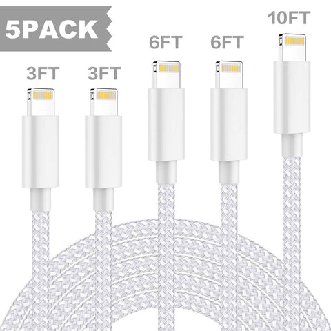 TNSO MFi Certified iPhone Charger Lightning Cable 5 Pack [3/3/6/6/10FT] Extra Long Nylon Braided USB Charging & Syncing Cord Compatible iPhone Xs/Max/XR/X/8/8Plus/7/7Plus/6S/6S Plus/SE/iPad