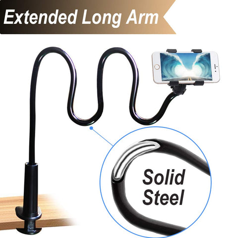 Cell Phone Clip On Stand Holder with Grip Flexible Long Arm Gooseneck Bracket Mount Clamp Compatible with iPhone X/8/7/6/6S Plus Samsung S8/S7, Used for Bed, Desktop, Black