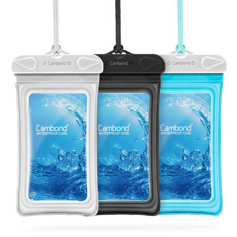 Cambond Waterproof Phone Pouch, 3 Pack Floating Waterproof Phone Case, Transparent PVC Water Proof Cell Phone Pouch Dry Bag with Lanyard for iPhone X 8 7 6s Plus Galaxy S9 S8 S7, Black Blue White
