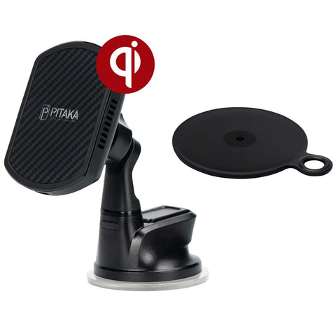 PITAKA New Magnetic Wireless Charging Windshield Car Mount[Suction Cup Magmount Qi]-Premium Luxury 360 Degree Rotation Fast Charge Suction Cup Phone Holder for Qi Smartphones