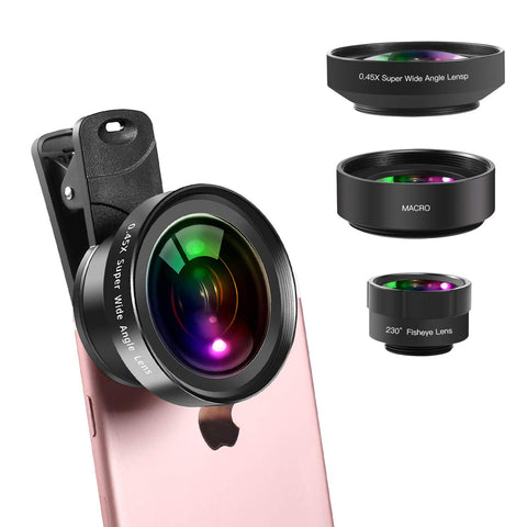 Jisusu for iPhone Lens, 0.45x Wide Angle Lens,230°Fisheye Lens & 12.5X Macro Lens (Screwed Together) 3 in1,Clips-On Cell Phone Lens Kit for iPhone/Samsung/Android/Most Smartphones and Tablets