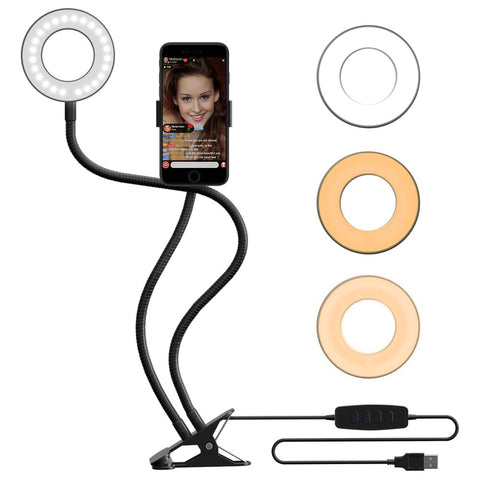 MeeQee Cell Phone Holder with Selfie Ring Light for Live Stream, Dimmable 3 Light Mode with Flexible Arms Phone Clip Holder Lazy Bracket Desk Lamp for Makeup, Youtube, Bedroom, Office, Kitchen - Black