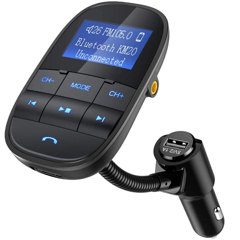 Nulaxy Bluetooth Car FM Transmitter Audio Adapter Receiver Wireless Handsfree Voltmeter Car Kit TF Card AUX USB 1.44 Display Sleep Play Mode - KM20 Black