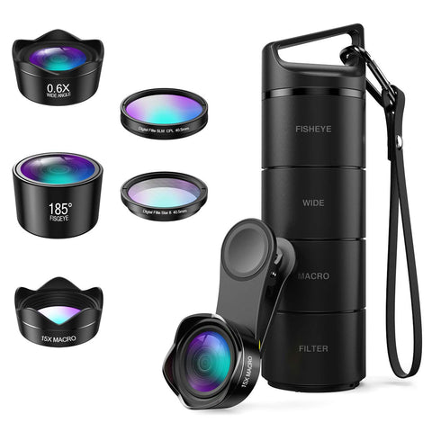 [Upgraded Version] Phone Camera Lens, 5 in 1 Cell Phone Lens Kit, Macro Lens + Wide Angle Lens, Fisheye Lens + CPL + Starburst Lens, with Storage Tube, for iPhone X/8/7, Smartphones