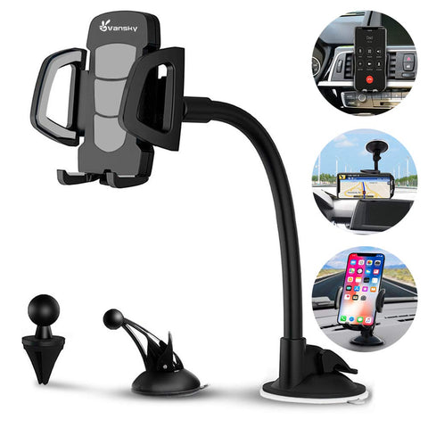 Car Phone Mount, Vansky 3-in-1 Universal Cell Phone Holder Car Air Vent Holder Dashboard Mount Windshield Mount for iPhone Xs Max R X 8 Plus 7 Plus 6S Samsung Galaxy S9 S8 Edge S7 S6 LG Sony and More
