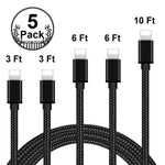 Peceony iPhone Charger MFi Certified Lightning Cable,5Pack (3FT 3FT 6FT 6FT 10FT) Extra Long Nylon Braided USB Fast Charging&Syncing Cord Compatible with iPhone Xs MAX/XR/X/8 Plus/7 Plus [Black]