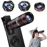 Phone Camera Lens Kit, 5 in 1 Cell Phone Lens - 12X Zoom Telephoto Lens + 0.36X Wide Angle Lens + 180°Fisheye Lens + 15X Macro Lens(2pcs) Compatible with iPhone XS XR X/8/7/6s Plus Android Smartphones