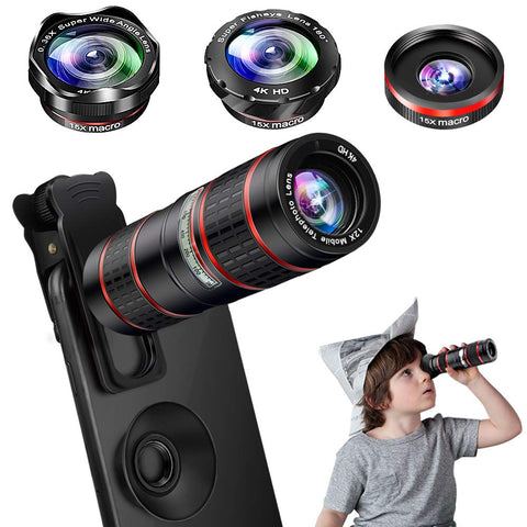 Phone Camera Lens Kit, 5 in 1 Cell Phone Lens - 12X Zoom Telephoto Lens + 0.36X Wide Angle Lens + 180°Fisheye Lens + 15X Macro Lens(2pcs) Compatible with iPhone XS XR X/8/7/6s Plus Android Smartphones