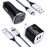 2.4A Dual Port USB Car Charger + 2.1A Dual Port Wall Charger Block Brick + 2Pack Micro USB Cable Charging Cord Phone Charger Compatible Samsung Galaxy S6 S7 Edge J3 J7 A6, LG Stylo 2/3, G3 G4 K20 K30