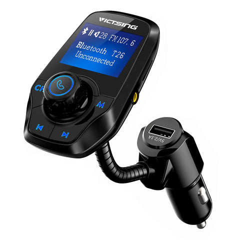 VicTsing Upgraded Bluetooth FM Transmitter for Car, Power Off Switch, Music Player Support USB Flash Drive /Micro SD Card /AUX Input, Wireless Radio Transmitter with 1.44'' Display, Dual USB - Black