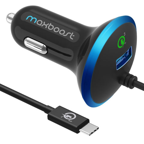 Type C Car Charger, Maxboost 36W Quick Charge 3.0 USB Port &Built-in USB C (3.1) Cable for Galaxy S10, S10+, S10e,S9,S9 Plus, Note 9 8, LG G7 G6, HTC, Nexux, MacBook, iPhone,OnePlus,Nintendo Swith