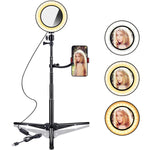B-Land 6.2" Ring Light with Tripod Stand & Mirror for YouTube Videos & Makeup, LED Camera Selfie Light with Cell Phone Holder, Mini Makeup Mirror with Lights, 3 Modes & 10 Brightness