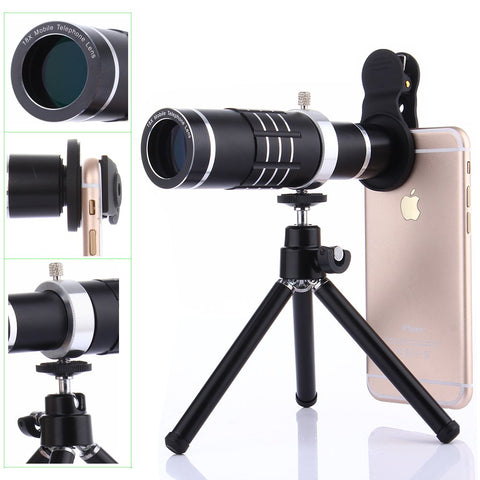 Camera Lens Kit,WMTGUBU 4 in 1 HD Universal Clip-On Phone 18X Optical Zoom Telephoto Lens+15X Macro Lens+0.6X Wide Angle Lens Tripod (Black)