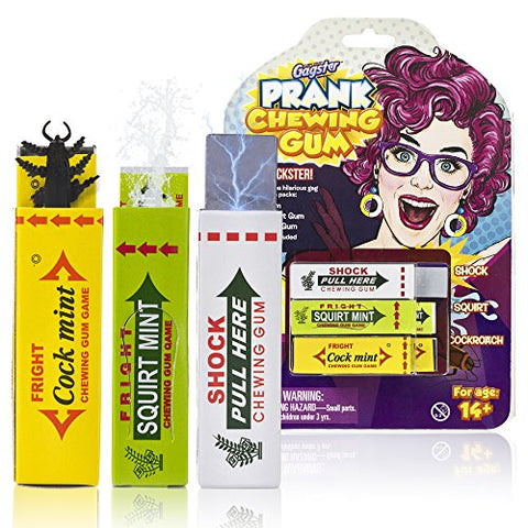 Gag Chewing Gum 3-in-1 Prank Toys Set - Shocking, Water Squirt and Cockroach Snapping Gum Packs - Make Your Friends Laugh and Prank Office Co-Workers - Practical Joke Trick Toy Gift