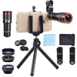 Apexel 4 in 1 12x Zoom Telephoto Lens + Fisheye + Wide Angle + Macro Lens with Phone Holder + Tripod for iPhone X/8/ 7 /6/6s plus SE Samsung HTC Google Huawei LG Ipad Tablet PC Laptops