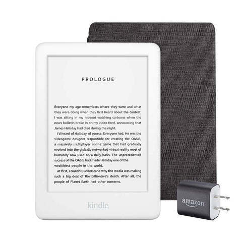 Kindle Essentials Bundle including All-new Kindle, now with a built-in front light, White - with Special Offers, Kindle Fabric Cover – Charcoal, and Power Adapter