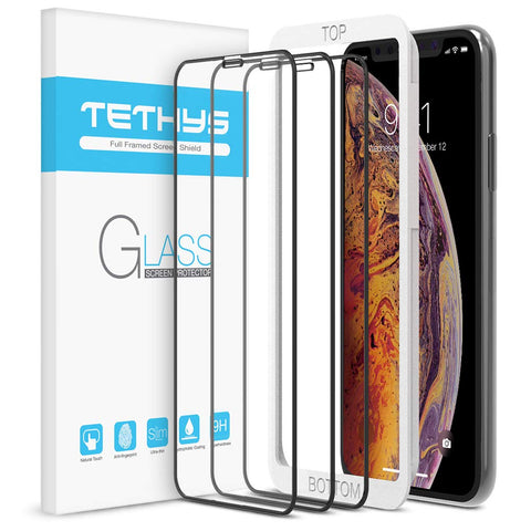 TETHYS Glass Screen Protector Designed for iPhone XS Max (6.5") [Edge to Edge Coverage] Full Protection Durable Tempered Glass for Apple iPhone XS Max Guidance Frame Included (Pack of 3)