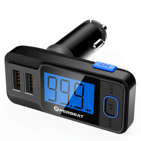 【Upgraded】 Perbeat Wireless in-Car Bluetooth FM Transmitter USB Car Charger Radio Adapter Audio Receiver Stereo Music Car Kit Hands Free Call with Micro SD/TF Card Slot, Dual USB Charging Port